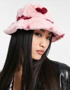 Monki Faux Fur Heart Print Hat In Pink