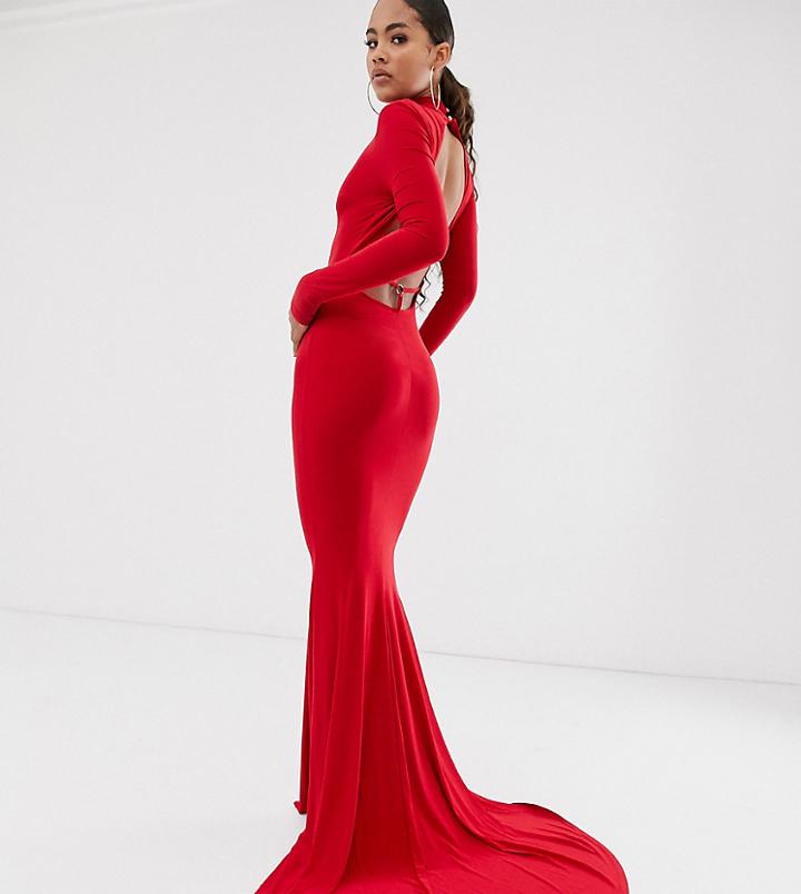 Club L Londontall High Neck Long Sleeve Fishtail Maxi Dress With Open Back Thong Detail In Red