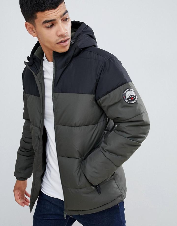 Threadbare Paneled Puffer Jacket With Hood-green