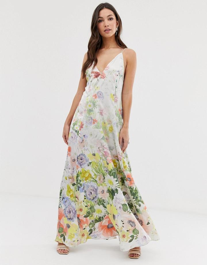 Asos Design Maxi Cami Satin Trapeze Dress In Meadow Floral Print-multi