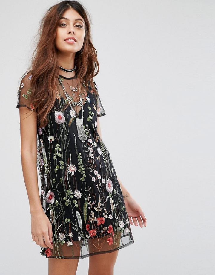 Rd & Koko Floral Embroidered Short Sleeve Shift Dress - Black