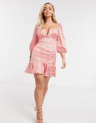 Rare London Sweetheart Neckline Puff Sleeve Flippy Mini Dress In Red Polka Dot