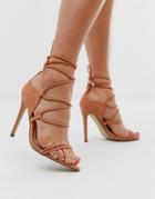 Missguided Lace Up Barely There Heeled Sandals In Nude-pink