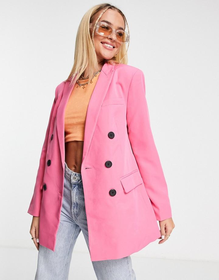 Stradivarius Double Breasted Dad Blazer In Hot Pink