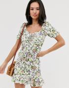 Asos Design Tie Front Mini Dress In Floral Print-multi