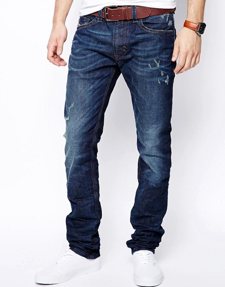Diesel Jeans Thavar 821t Slim Fit Dark Wash Destroy - Blue