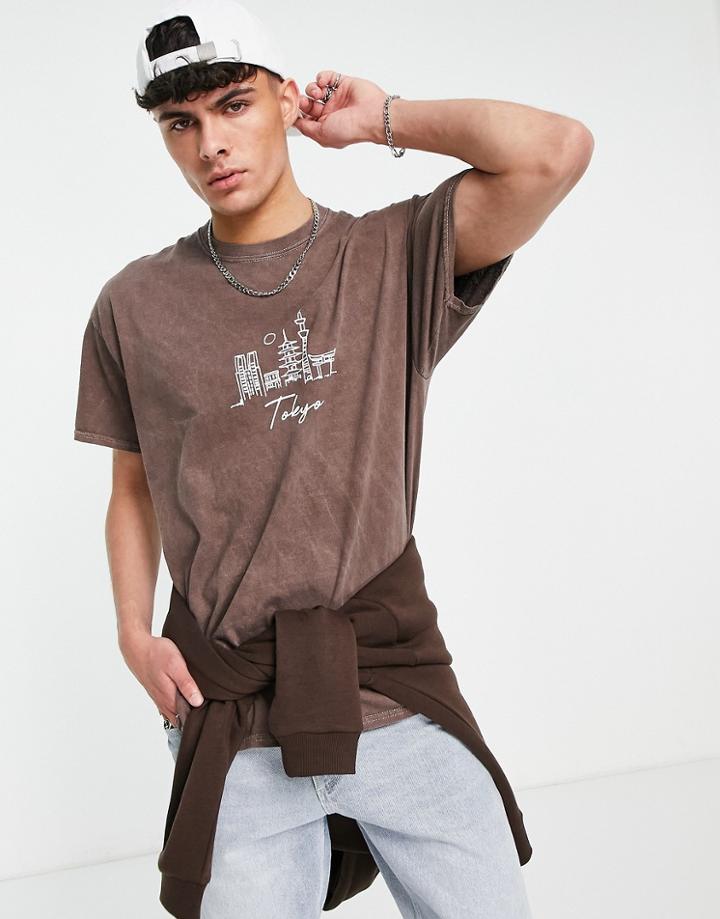 New Look Oversized T-shirt With Tokyo Skyline Print In Brown