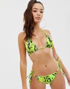 Asos Design Mix And Match Sleek Tie Side Bikini Bottom In Neon Snake Print-green
