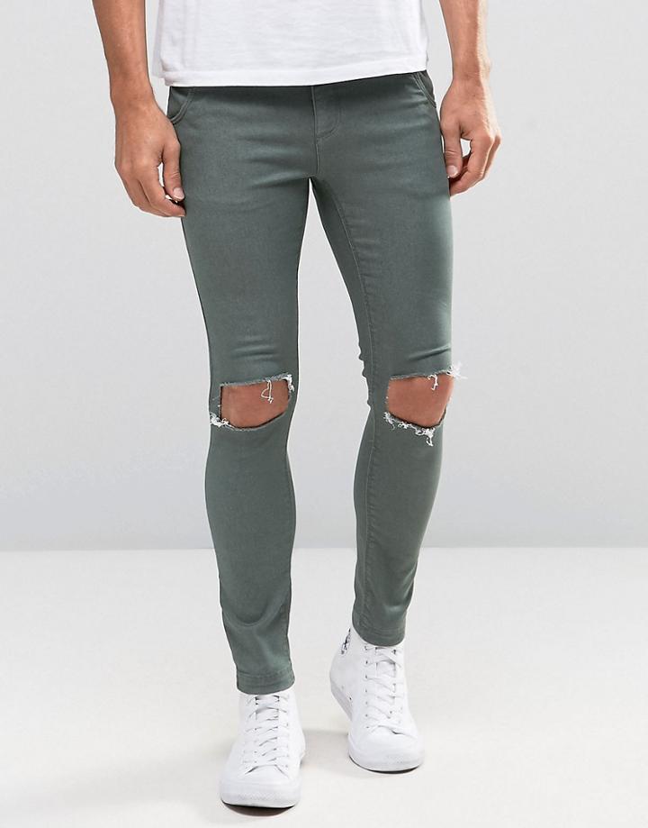 Illusive London Skinny Jeans With Rips - Green
