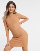 Brave Soul Danny Ribbed Button Sweater Dress-brown