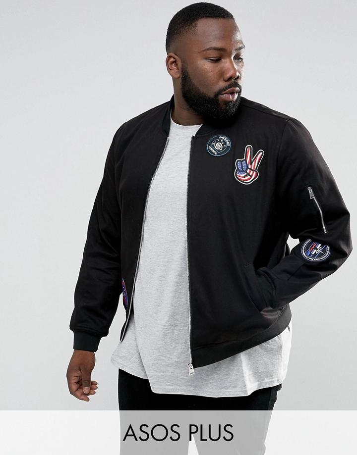 Asos Plus Cotton Bomber Jacket With Badges In Black - Black