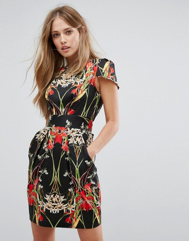 Closet London Pleat Front Pencil Dress In Dark Floral Print - Multi