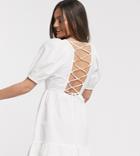 Asos Design Petite Tiered Mini Dress With Puff Sleeves And Open Back In White