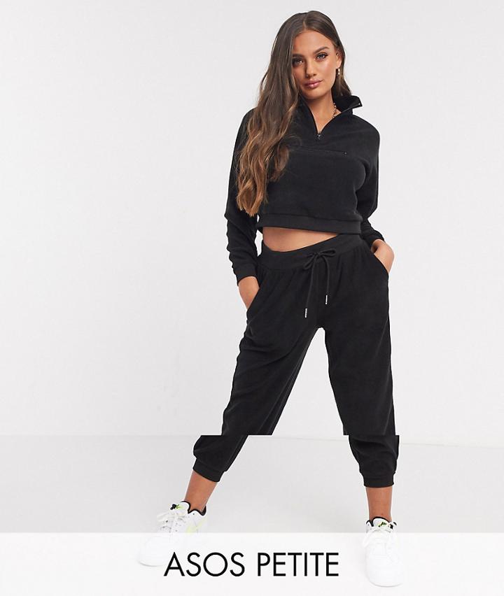 Asos Design Petite Tracksuit Fleece Top With Half Zip / Slim Jogger In Black