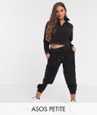 Asos Design Petite Tracksuit Fleece Top With Half Zip / Slim Jogger In Black