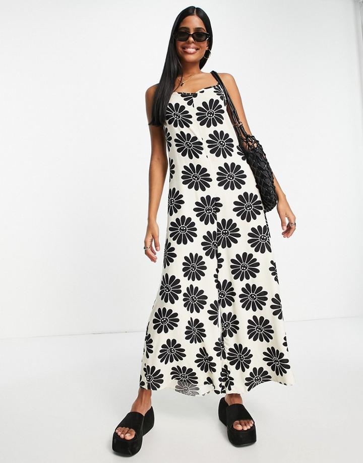 Asos Design Cami Tie Back Jumpsuit In Oversized Cream Floral Print-multi