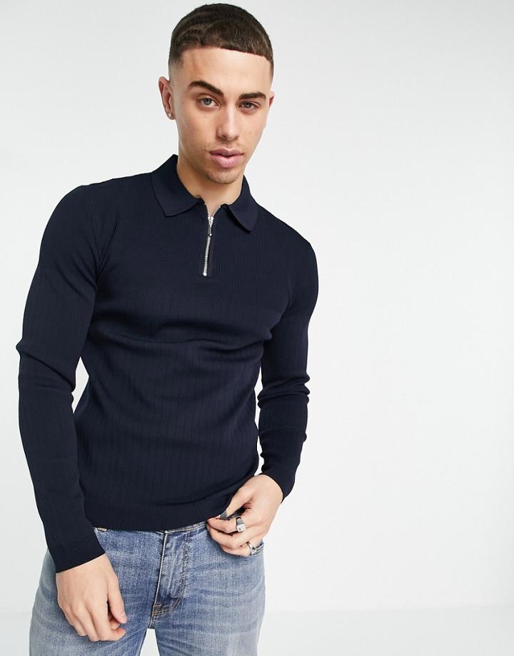 River Island Long Sleeve Knitted Ribbed Polo In Navy