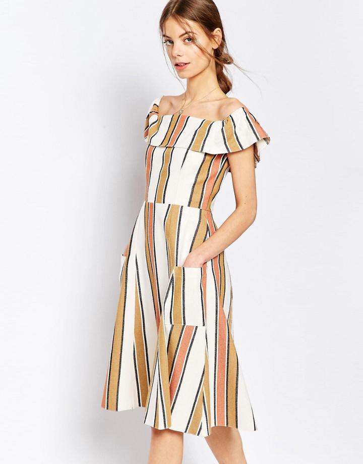 Asos Off Shoulder Stripe Sundress In Natural Fibre - Multi