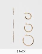 Asos Design Pack Of 3 Fine Crystal Hoop Earrings In Gold Tone - Gold