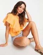 Asos Design Textured Frill Sleeve Tee In Orange-multi
