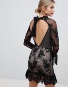 Asos High Neck Open Back Lace Mini Dress-black