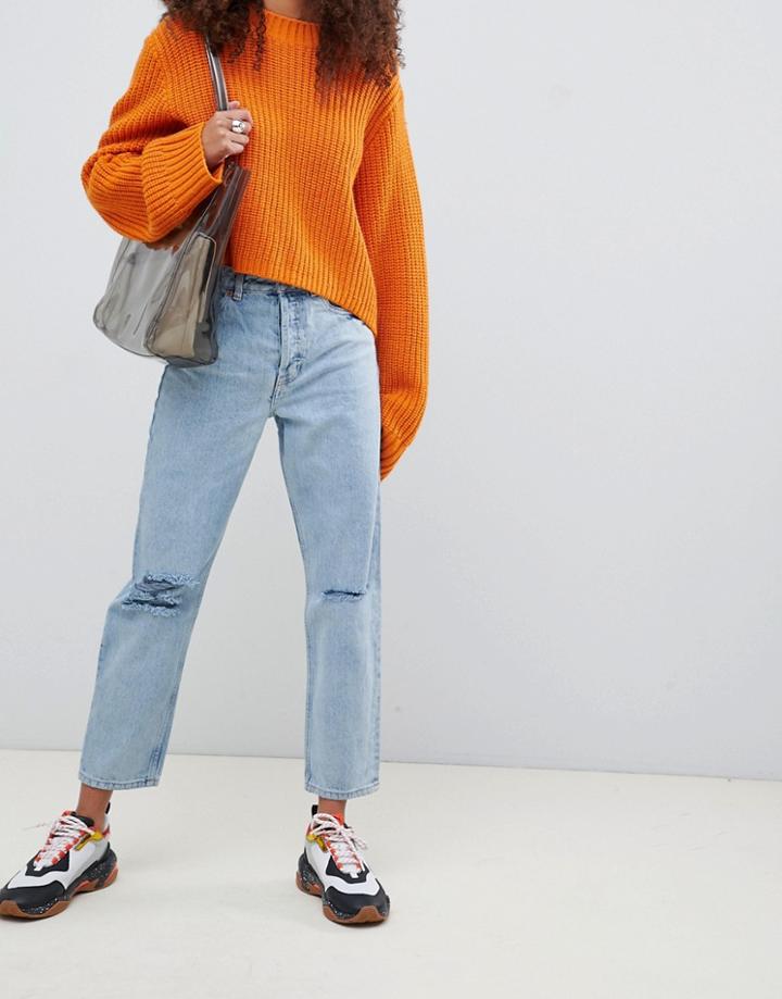 Asos Design Recycled Florence Authentic Straight Leg Jeans In Light Stonewash Blue With Rips - Blue