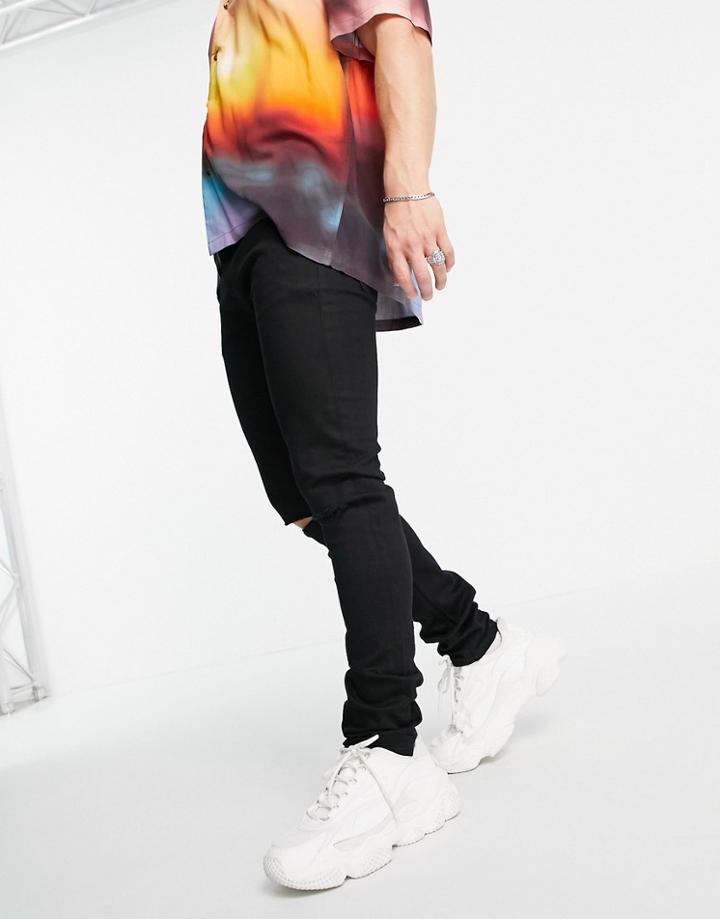 Topman Organic Cotton Blend Stretch Skinny Knee Rip Jeans In Black