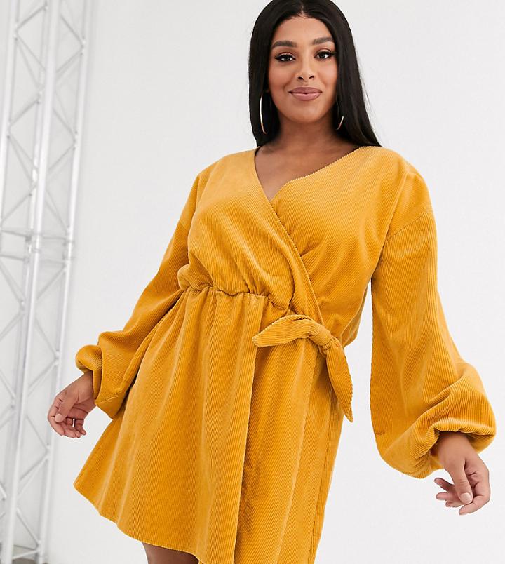 Asos Design Curve Cord Wrap Smock Mini Dress In Marigold