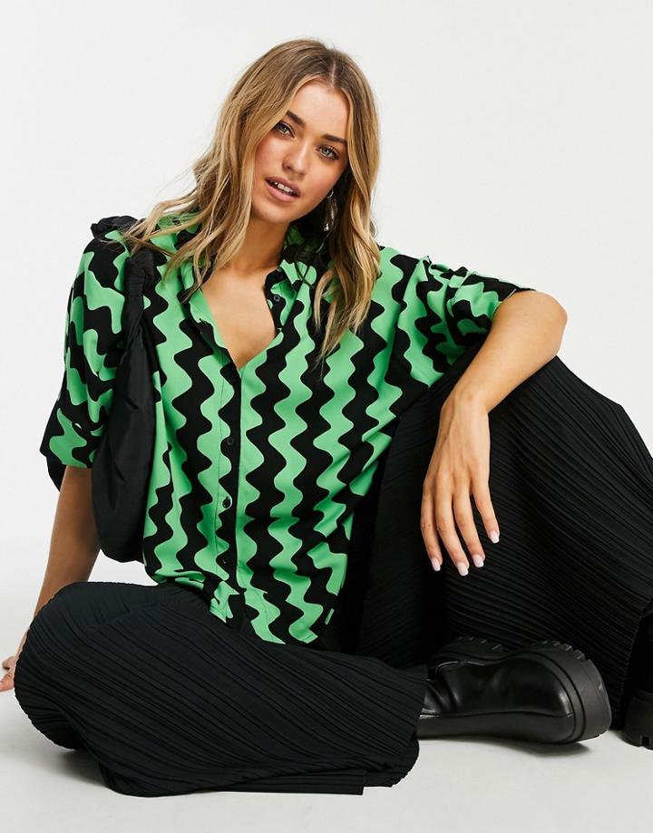 Monki Luca Ecovero Wavy Print Blouse In Multi