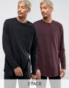 Asos Longline Long Sleeve T-shirt With Curve Hem 2 Pack - Multi