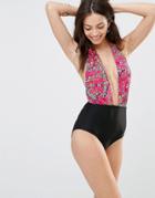 South Beach Feather Print Plunge Swimsuit With Contrast Bottom - It6 Feather Print