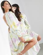 Asos Edition Satin Drape Maxi Dress In Lemon Bloom Print-multi