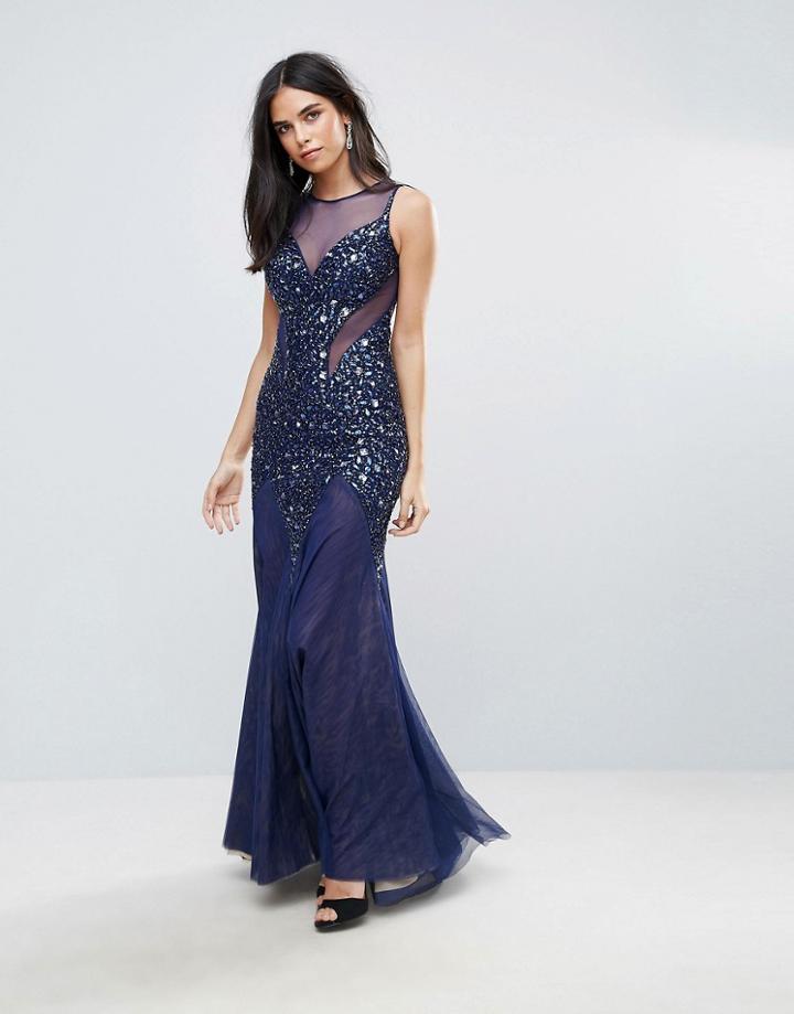 Forever Unique Plunge Maxi Dress With Mesh - Blue