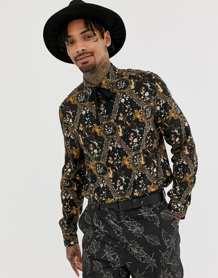 Asos Edition Stretch Slim Shirt In Cherub Print With Pussy Bow-black