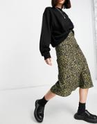 Miss Selfridge Satin Bias Midi Skirt In Khaki Animal Print-green