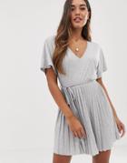 Asos Design V Neck Mini Dress With Pleated Skirt And Self Belt - Gray