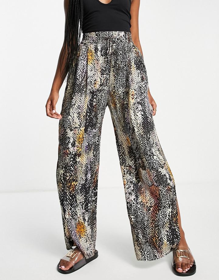 River Island Animal Print Wide Leg Pants In Brown