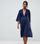 John Zack Tall Lace Top Midi Skater Dress With Cape Detail In Navy - Navy