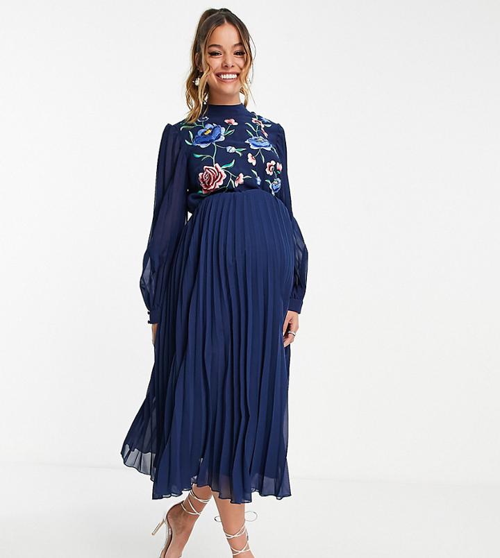 Asos Design Maternity High Neck Pleated Long Sleeve Skater Midi Dress With Embroidery In Navy