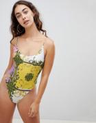 Asos Design Scoop Strappy Back Swimsuit In Pastel Baroque Print - Multi