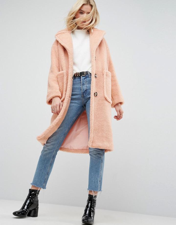 Asos Coat In Luxe Teddy Borg - Pink