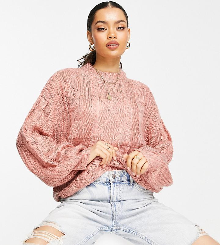 Brave Soul Petite Tokyo Oversized Cozy Cableknit Sweater-pink