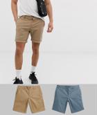 Asos Design 2 Pack Slim Chino Shorts In Storm Gray & Stone Save - Multi