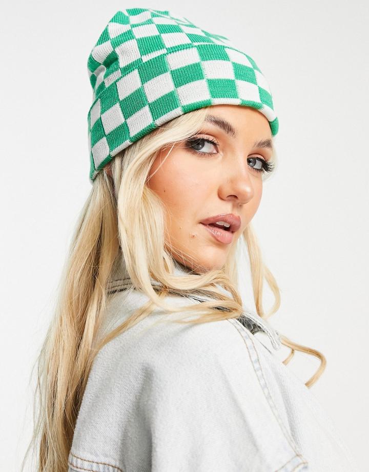 Monki Beanie Hat In Green Checkerboard