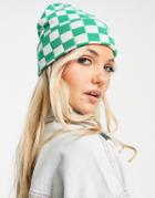 Monki Beanie Hat In Green Checkerboard