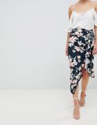Asos Design Floral Print Midi Skirt With Tie Side And Thigh Split - Multi