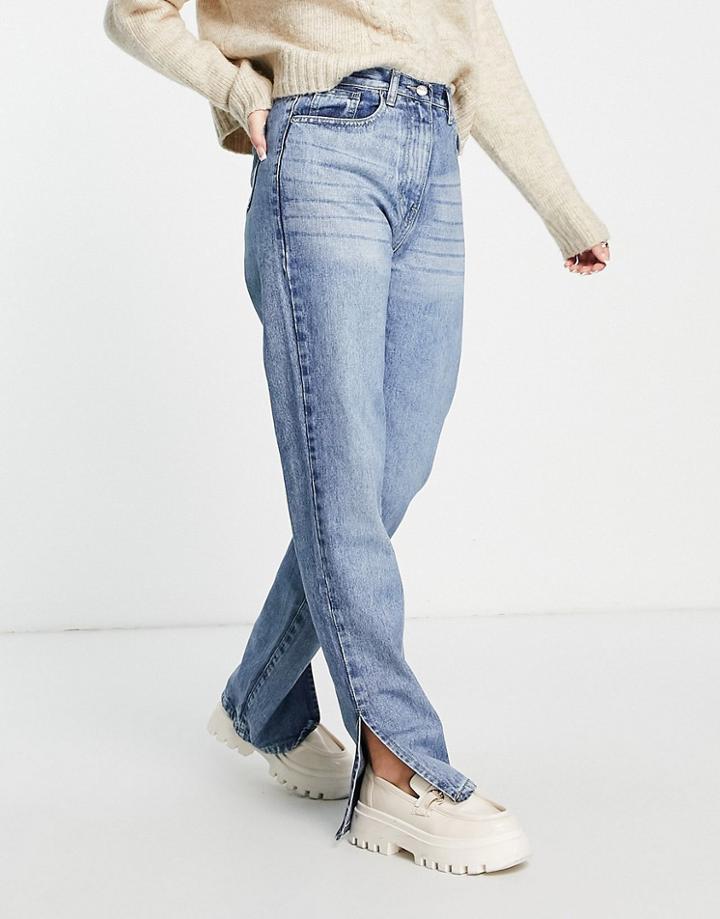 Rebellious Fashion Denim Straight Leg Side Split Jeans In Blue