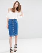 Asos Denim Slim Buttonthrough Midi Skirt With Let Down Hem - Blue