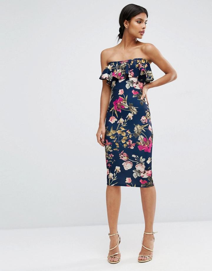 Asos Ruffle Print Bandeau Midi Dress - Navy
