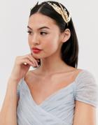 Asos Design Hair Crown In Pearl Studded Metal Leaf Design In Gold Tone